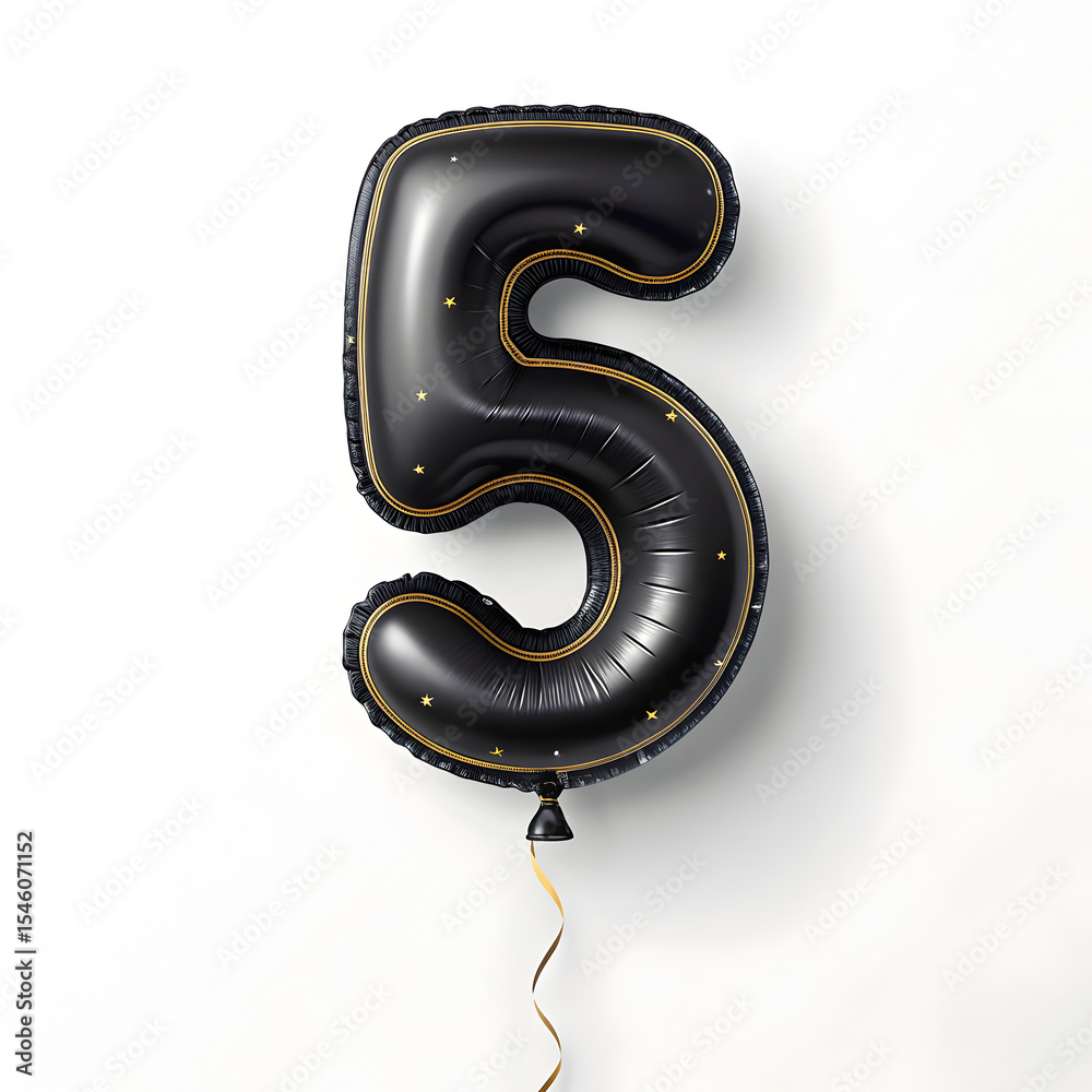 Fototapete a balloon shaped like the number 5,matte black metallic finish with realistic reflections and smooth