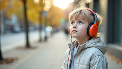 Autistic child wearing noise cancelling headphones walking in urban outdoor environment