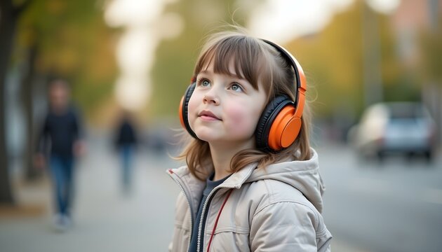 Autistic child wearing noise cancelling headphones walking in urban outdoor environment - Powered by Adobe
