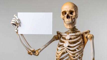 Skeleton is holding a blank white sign in its hand. The skeleton is positioned in a way that it is holding the sign up to the camera, as if it is trying to communicate something