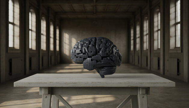 A pixelated brain on a table in an old room, symbolizing intelligence and thought.