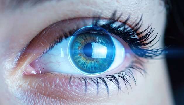 A close-up of a human eye with a digital, futuristic interface overlay, symbolizing advanced technology and innovation.