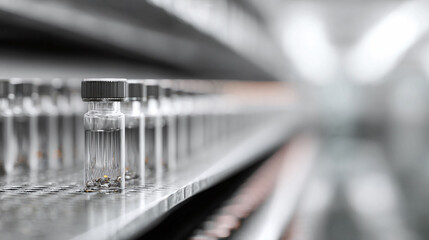 Scientific array of vials containing solution and metallic particles. Laboratory research, medicine, or chemistry concept. Represents precision and analysis.