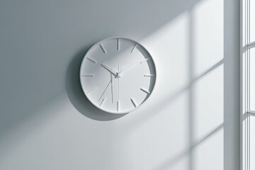 Minimalist white wall clock casts shadows from sunlight streaming through a nearby window