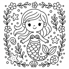 Cute Cartoon Mermaid Coloring Page with Floral Frame
