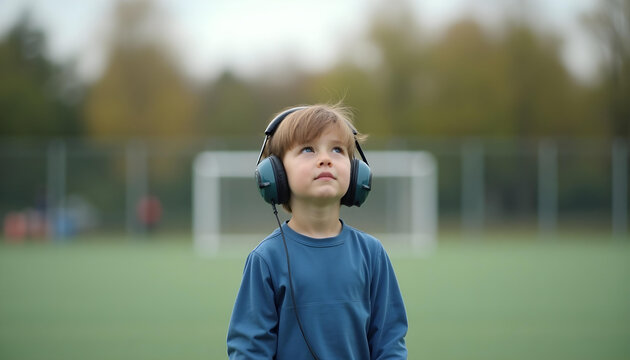 Autistic child wearing noise cancelling headphones on outdoor sports field environment