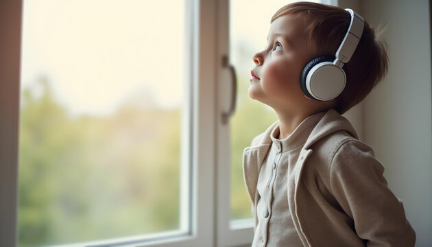 Autistic child wearing noise cancelling headphones in bright indoor home setting