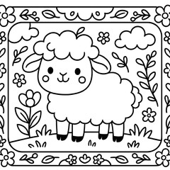 Obraz premium Cute Cartoon Sheep Illustration with Floral Border