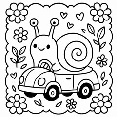 Naklejka premium Cute Cartoon Snail in a Car with Flowers and Hearts Coloring Page