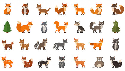 Fototapeta premium A collection of stylized fox and raccoon illustrations, varying in color and pose, alongside two evergreen trees, all set against a white background