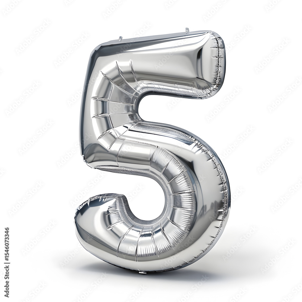 Fototapete a balloon shaped like the number 5 ,silver metallic finish with realistic reflections and smooth tex