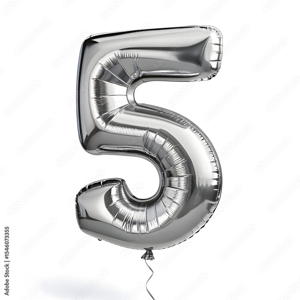 Fototapete a balloon shaped like the number 5 ,silver metallic finish with realistic reflections and smooth tex