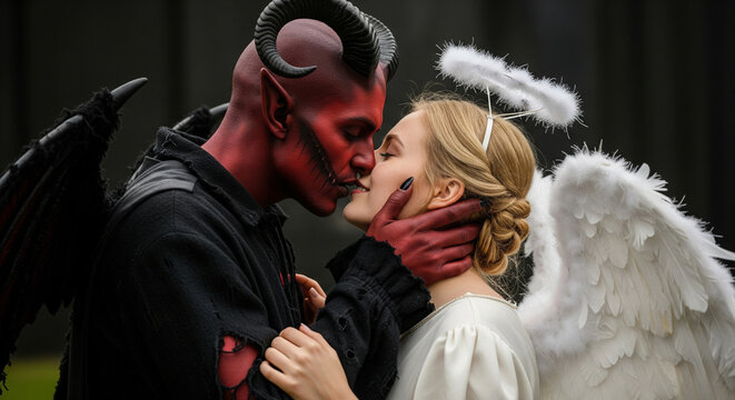 Halloween costume, male demon and young female angel in revealing clothing kissing, love, party, lovers