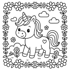 Fototapeta premium Cute Cartoon Unicorn Illustration with Floral Border