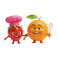 Fototapeta premium Animated strawberry chef and orange baker character illustration on dark backdrop