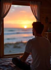 Man watching the sunset over the ocean from a cozy cabin window.