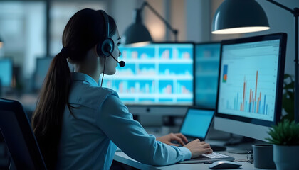 Woman with headset analyzing data on computer screen in office promoting neurodivergent inclusion