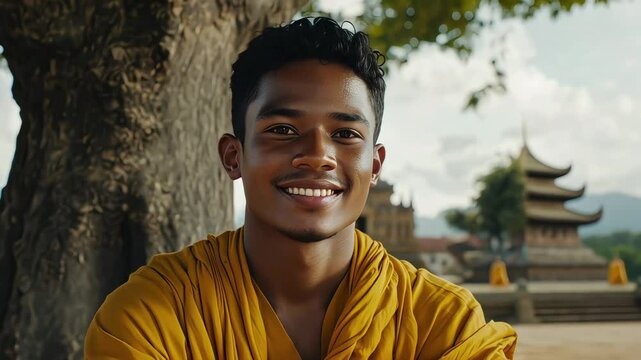 A warm portrait of a young Southeast Asian man with a friendly and sincere smile
