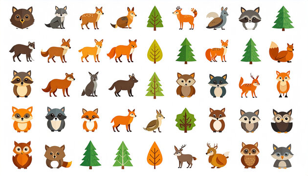 A vibrant collection of stylized woodland creatures and evergreen trees, featuring foxes, wolves, owls, raccoons, and deer, presented in a flat design style