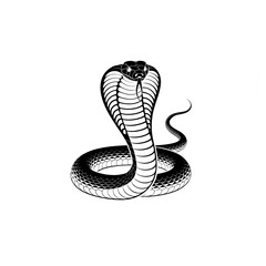 Intricate black and white illustration of a cobra poised to strike with raised hood