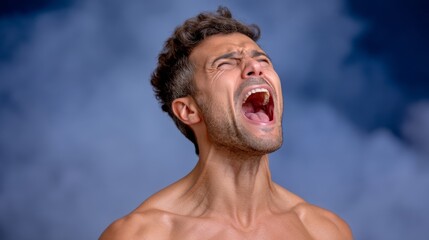 Man with a big mouth is crying. Concept of sadness and vulnerability