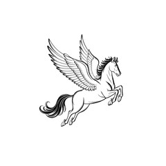 Majestic winged horse Pegasus soaring through the sky in a dynamic leap, symbolizing freedom and imagination