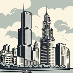 Obraz premium Illustration of a cityscape with tall buildings street lamps cars and cloudy sky in a comic book style art 100