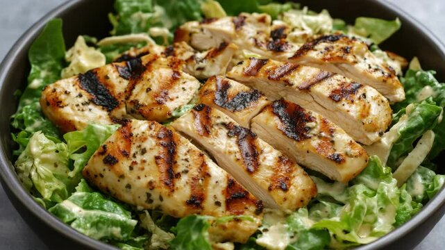 Delicious grilled chicken breast served with a fresh Caesar salad. This meal is a combination of lean protein and nutritious vegetables, making it both satisfying and healthy.