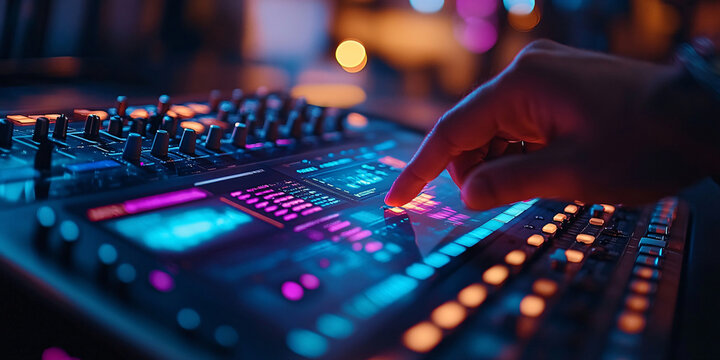 Close-up of a DJ's hand on a mixing console, vibrant colors illuminating the scene. - Powered by Adobe