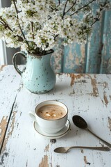 Morning Coffee with Spring Blossoms on Rustic Table
