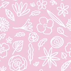 Seamless cheerful playful floral pattern hand-drawn vector elements, flowers, leaves, abstract botanical shapes for prints, textiles, wallpapers