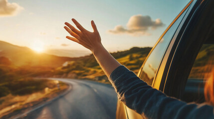 Road trip moment with hands out car window Close-up
