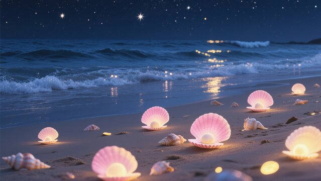 Bioluminescent beach with glowing shells under meteor shower sky. Neuro-soothing seascape for sleep tech interfaces, coastal resort branding, NFT wave art, or sensory children's books