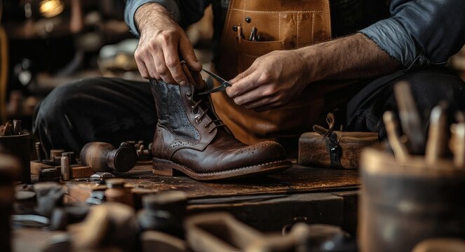 Shoemaker crafting leather oxford shoe on wooden workbench. Handmade footwear production process.