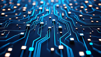 Obraz premium Abstract AI circuit board background. Technology connected blue lines with electronics elements on tech bg. Computer motherboard with a chip, processor, and semiconductor. Digital vector illustration