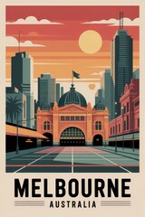 Vintage Travel Poster of Melbourne Skyline, Australia
