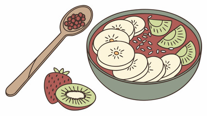 A bowl of smoothie with banana slices and kiwi, accompanied by a spoon of berries and strawberry fruit