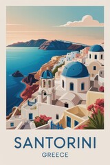 Vintage Travel Poster of Santorini Clifftop Houses and Blue Domes, Greece

