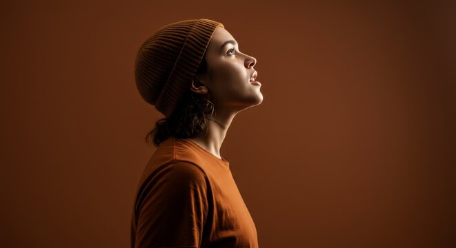 Woman wearing a beanie looking up in a studio setting with a neutral colored background - Powered by Adobe