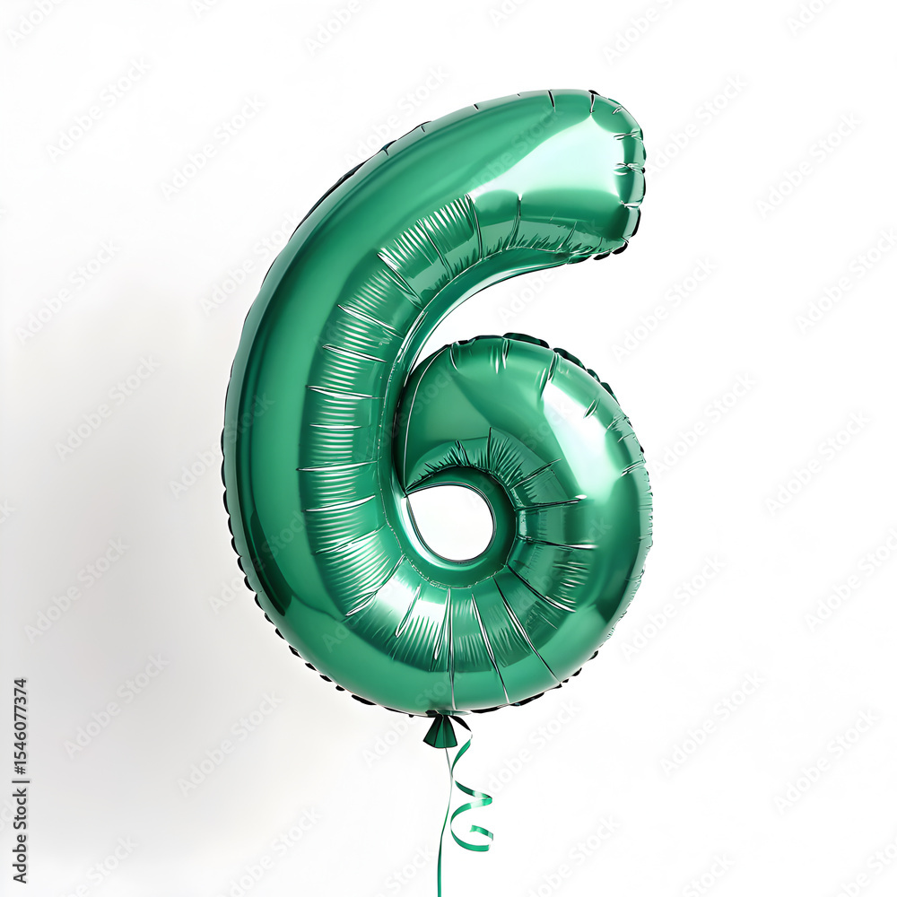 Fototapete a balloon shaped like the number 6,emerald green metallic finish with realistic reflections and smoo