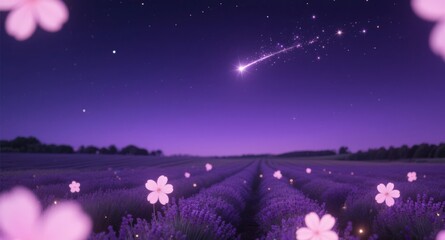 Lavender fields under meteor shower night sky with twinkling stars and blush blooms. Neuro-calming dreamscape for sleep apps, luxury wedding design, therapeutic digital products, or enchanted storyboo
