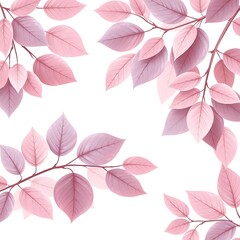 Fototapeta premium Pink and Mauve Leaves Branch Border White Background Botanical Illustration Soft Pastel Colors