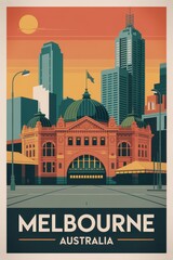 Naklejka premium Vintage Travel Poster of Melbourne Skyline, Australia 