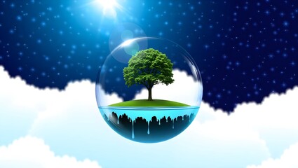 A surreal image of a tree within a water-filled bubble floating in a cloudy sky with stars.