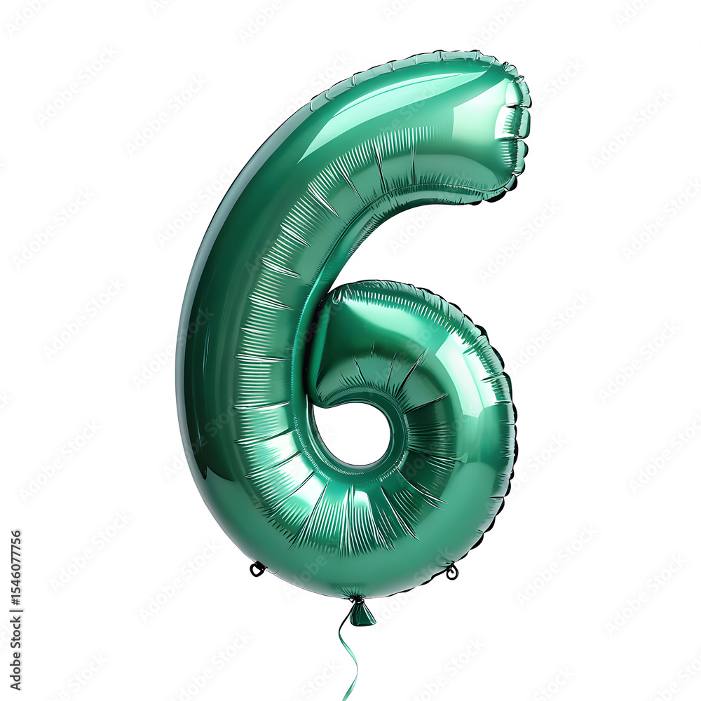 Fototapete a balloon shaped like the number 6,emerald green metallic finish with realistic reflections and smoo