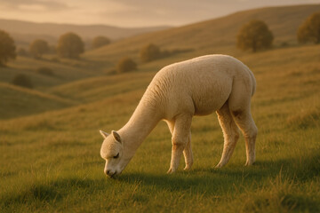 Fluffy White Alpaca Grazing on Green Hillside at Sunset