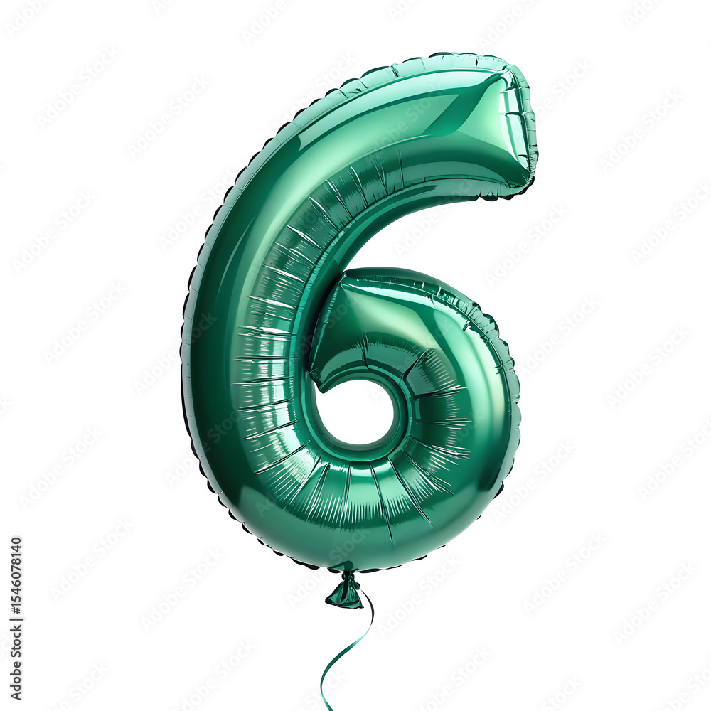 Fototapete a balloon shaped like the number 6,emerald green metallic finish with realistic reflections and smoo