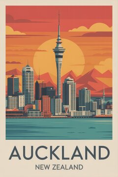 Vintage Travel Poster of Auckland Skyline, New Zealand