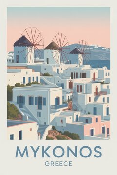 Vintage Travel Poster of Mykonos Windmills and White Houses, Greece