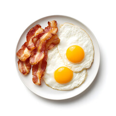 Naklejka na ściany i meble Crispy bacon strips served with two sunny side up fried eggs on a white plate. Classic American breakfast combination, isolated on a white background, ideal for food ads and menus.